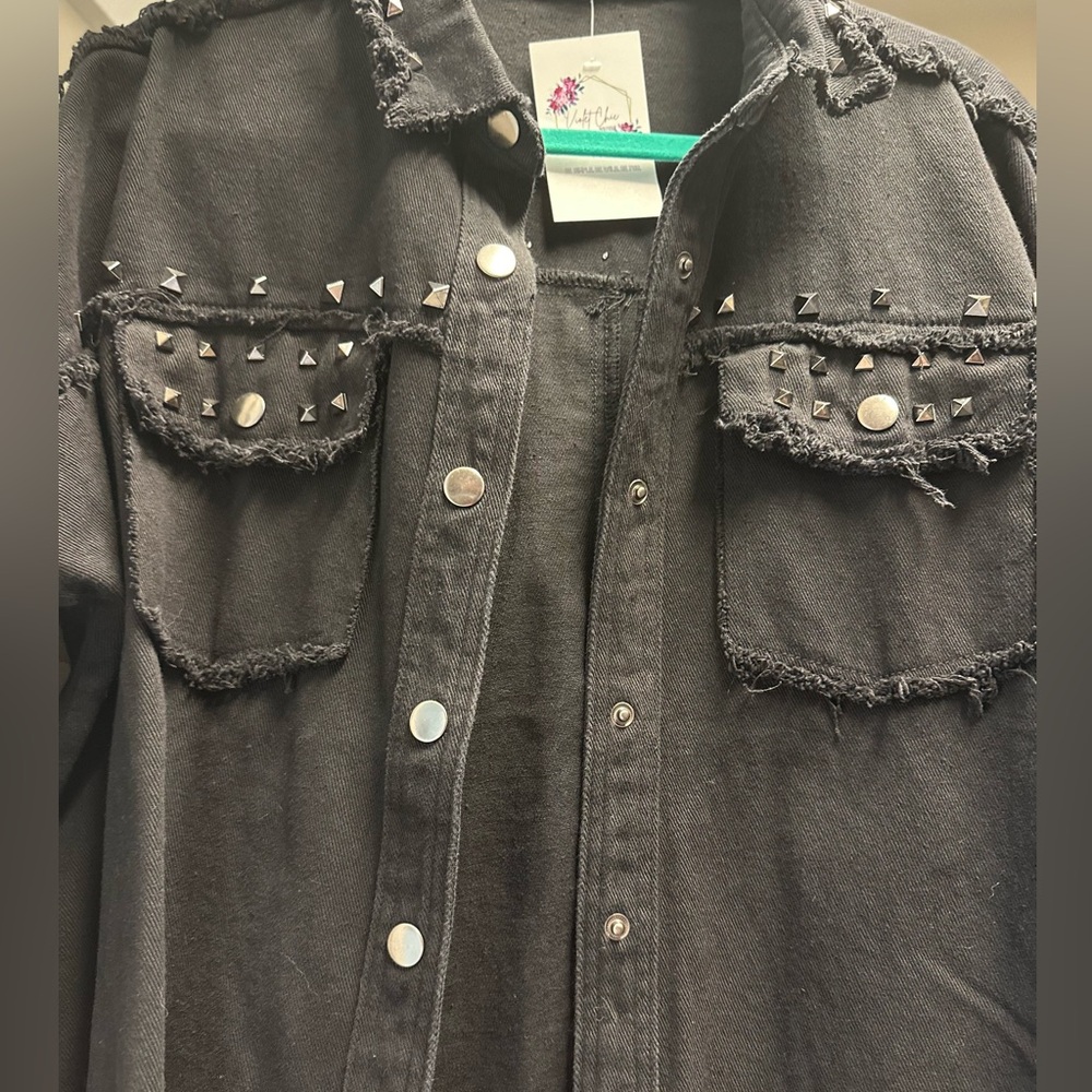 NWT Distressed black denim stud jacket